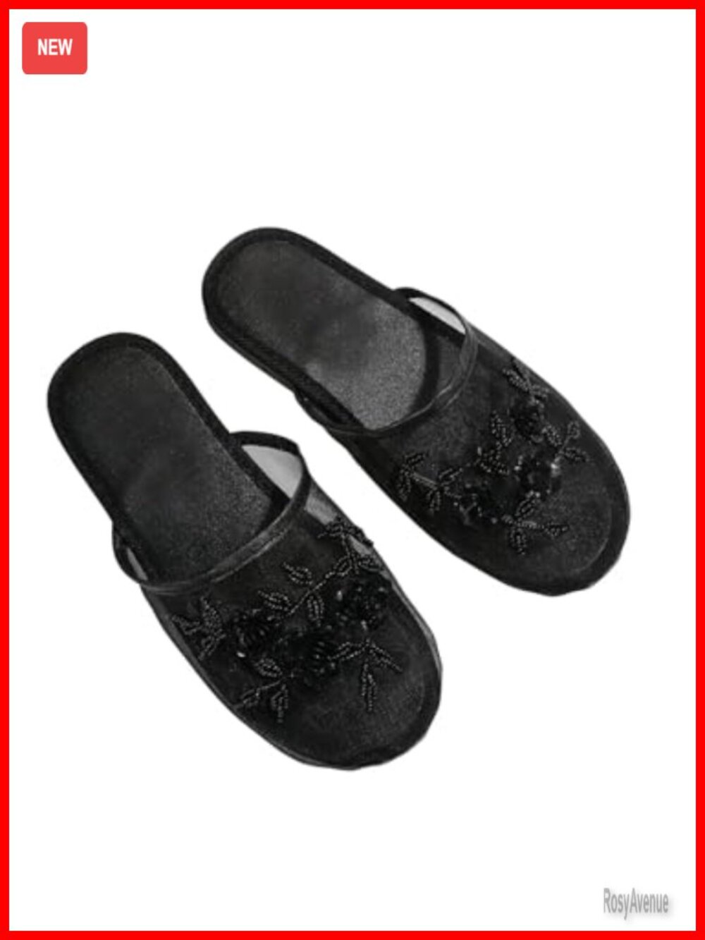 Women's Embroidered Mesh Mules Closed Round Toe Backless Flats Soft PU Leather